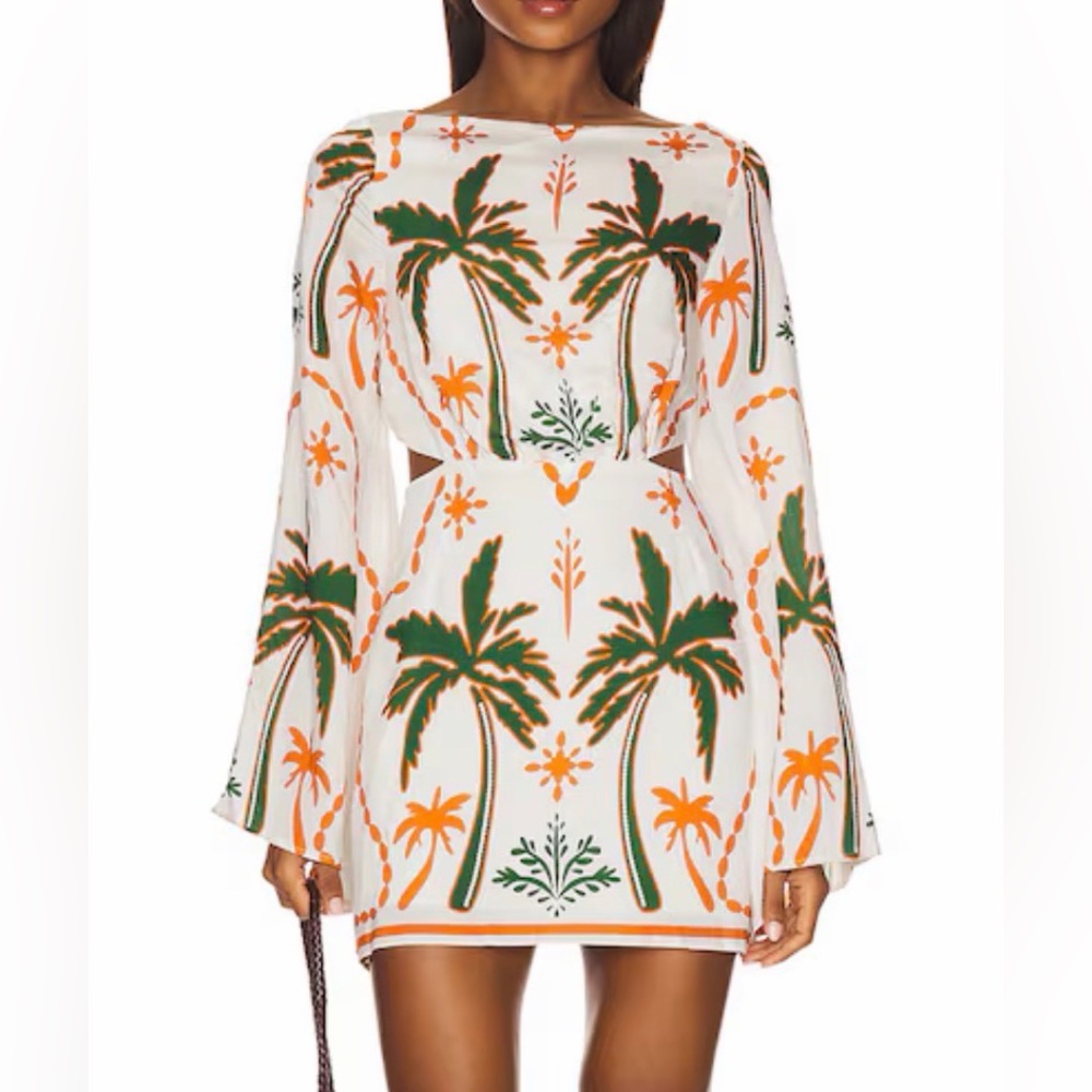 White Mini Dress with Green & Orange Palm Print